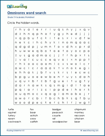 Grade 5 word search: Omnivores word search