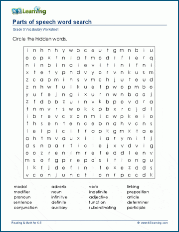 Grade 5 word search: Parts of speech word search