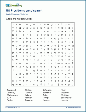 Grade 5 word search: US Presidents word search