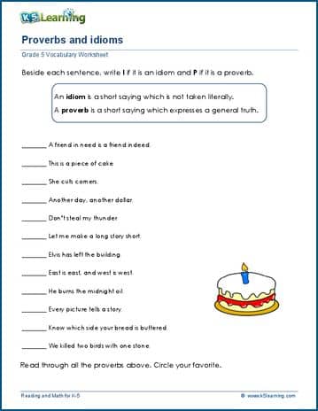 Grade 5 proverb or idiom worksheets