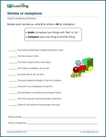 Grade 5 Vocabulary Worksheet similes or metaphors
