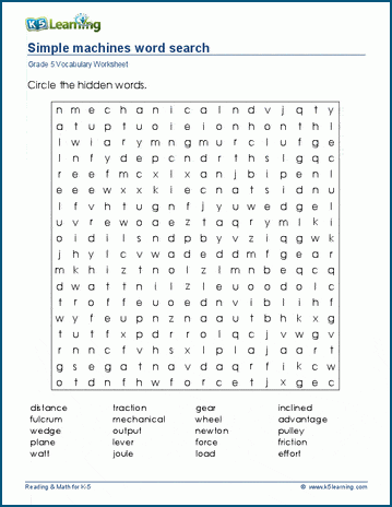 Grade 5 word search: Simple machines word search
