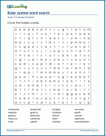 Grade 5 word search: Solar system word search