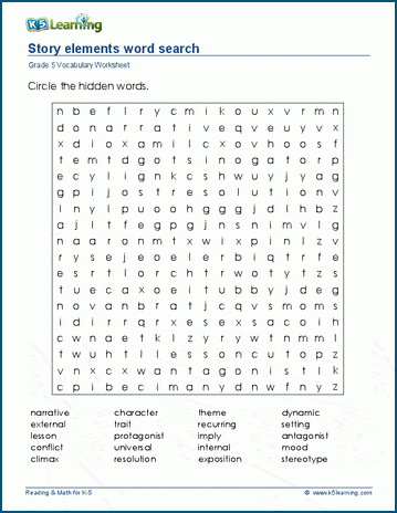 Grade 5 word search: Story elements word search