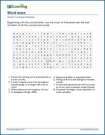 Grade 5 Vocabulary Worksheet word maze