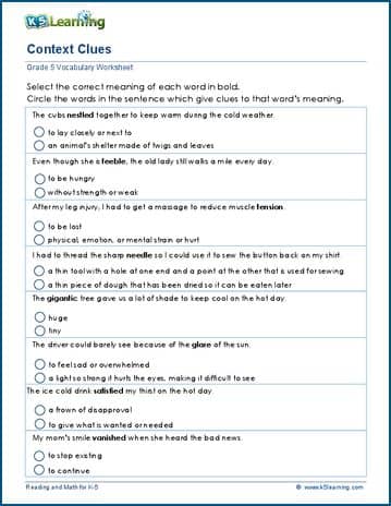 Context clues worksheets for grade 5 | K5 Learning