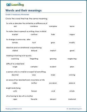 Grade 5 Vocabulary Worksheet words and their meanings