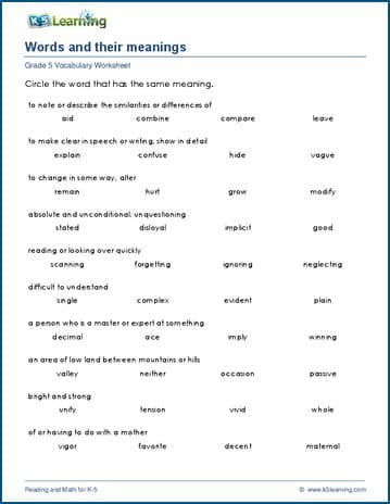 words and their meanings worksheets k5 learning