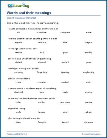 Words and their meanings worksheets | K5 Learning
