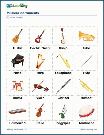Musical instruments & vocabulary cards worksheet