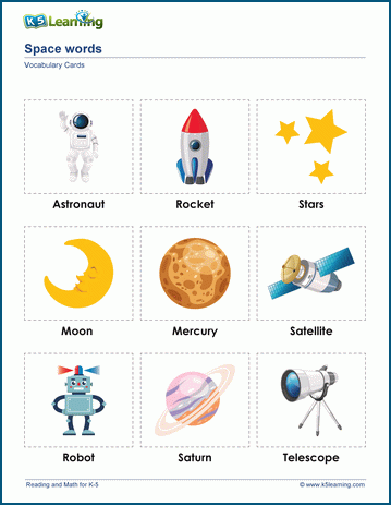 Space words & vocabulary cards worksheet