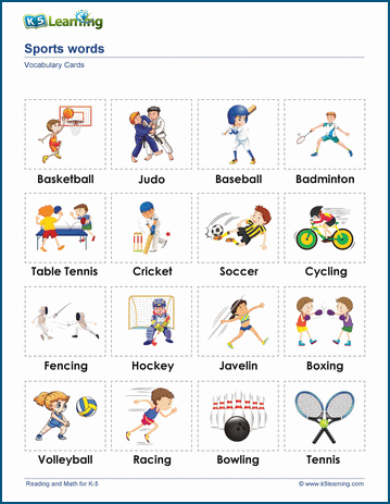 Sports and activities words & vocabulary cards