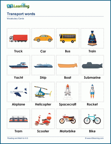Transport words & vocabulary cards worksheet