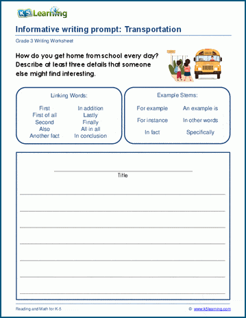 Grade 3 informative writing practice, transportation worksheet