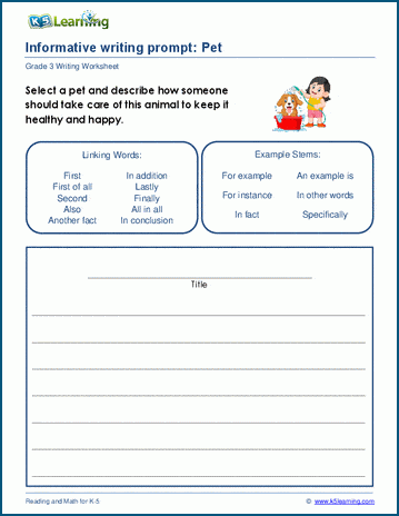 Grade 3 informative writing practice, pets worksheet