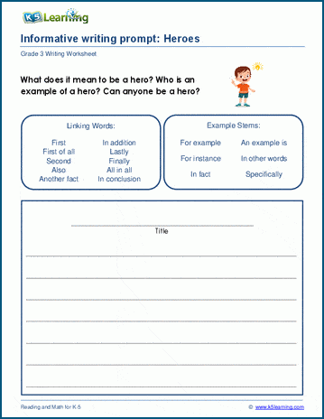 Grade 3 informative writing practice, heroes worksheet