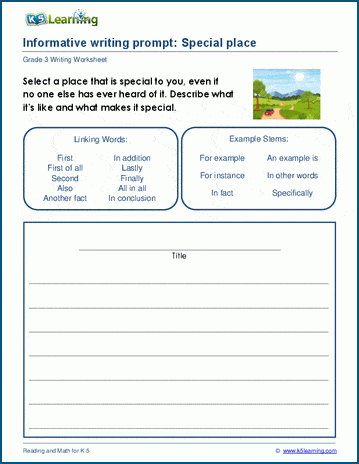 Grade 3 informative writing practice, special place worksheet