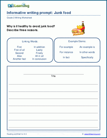 Grade 3 informative writing practice, junk food worksheet