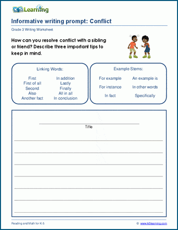 Grade 3 informative writing practice, conflict worksheet