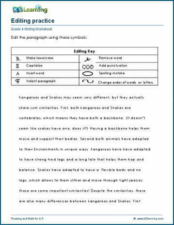 Grade 4 paragraph editing writing worksheet