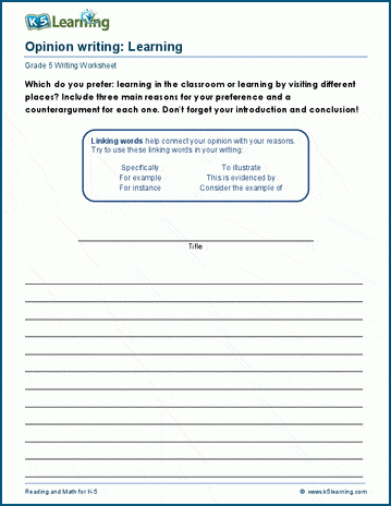 Grade 5 Opinion Writing Prompts: Learning